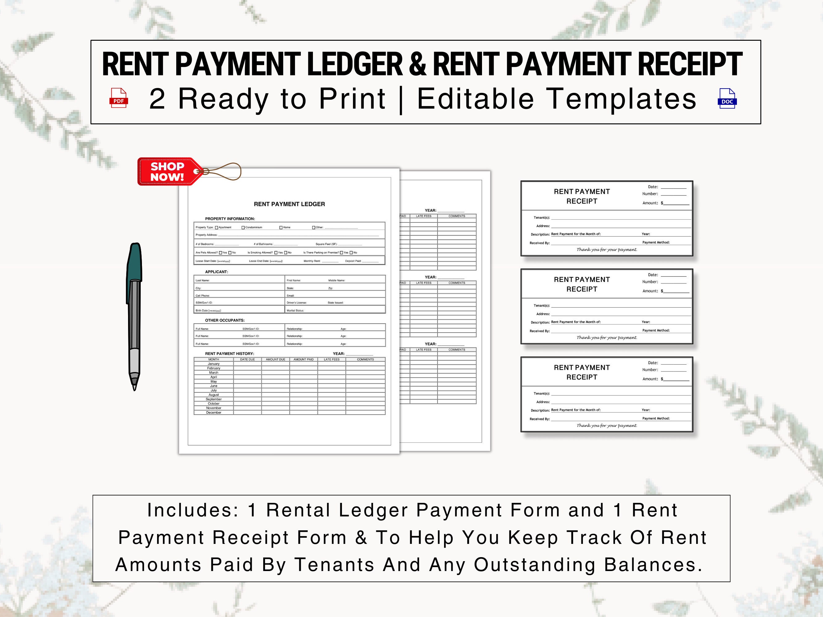 Rent Payment Ledger & Rent Payment Receipt Set | Track Monthly Rental ...