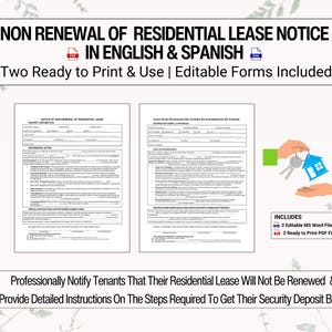 Könnte beinhalten: Ein digitaler Download von zwei druckbaren Formularen, eines in Englisch und eines in Spanisch, um Mieter darüber zu informieren, dass ihr Wohnungsmietvertrag nicht verlängert wird. Die Formulare enthalten Anweisungen, wie sie ihre Kaution zurückbekommen. Die Formulare sind druckfertig und können auch bearbeitet werden.