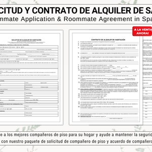 Könnte beinhalten: Ein spanischsprachiges Formular für eine WG-Bewerbung und -Vereinbarung. Das Formular enthält Abschnitte für persönliche Daten, Referenzen und eine WG-Vereinbarung. Das Formular trägt den Titel "Solicitud y Contrato de Alquiler de Salas" (WG-Bewerbung und WG-Vereinbarung auf Spanisch).