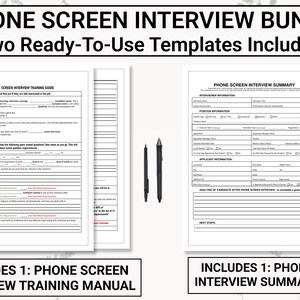 Op de afbeelding: Twee zwart-witte printbare telefoonscreen-interviewtemplates. De eerste sjabloon is getiteld "Telefoonscreen-interviewtrainingsgids" en de tweede sjabloon is getiteld "Telefoonscreen-interviewsamenvatting".
