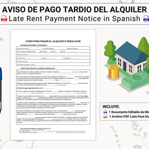 May include: A Spanish language late rent payment notice template with a house illustration and stacks of money. The document includes a Microsoft Word and PDF file. The text on the document reads "Aviso de Pago Tardio del Alquiler" and "Late Rent Payment Notice in Spanish".
