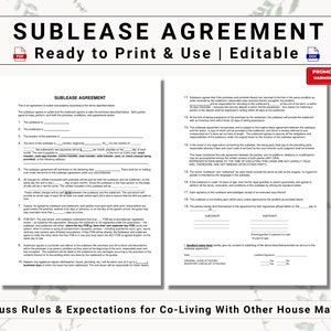 Könnte beinhalten: Ein druckbares Untermietvertrag-Formular mit dem Titel "Sublease Agreement" und dem Text "Ready to Print & Use | Editable". Das Formular enthält Abschnitte für den Untervermieter und den Untermieter sowie Details zu den Räumlichkeiten, der Miete und anderen Bedingungen des Vertrags.