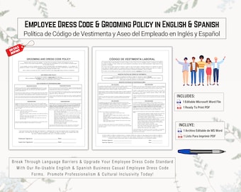 Employee Dress Code & Grooming Policy in English + Spanish | Código De Vestimenta y Politica De Arreglo Personal en Inglés y Español | HR