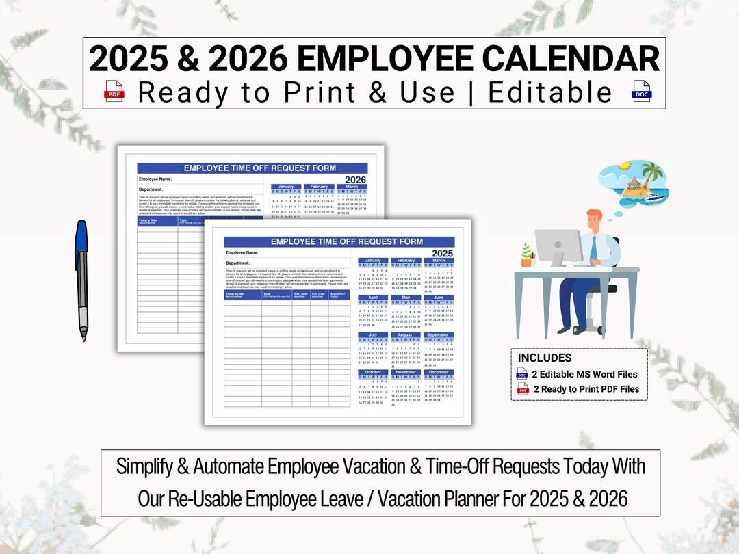 2025 & 2026 Calendar Year Employee Time off Calendar Stay Organized