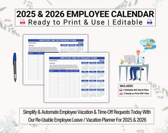 2025 & 2026 Calendar Year | Employee Time Off Calendar | Stay Organized + Efficient All Year Round With Our Re-usable Employee Calendar Set