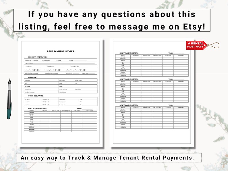 May include: A black and white printable rent payment ledger with sections for property information, applicant details, other occupants, and rent payment history. The ledger is labeled "Rent Payment Ledger" and includes the text "A Rental Must Have".
