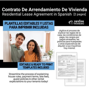 Könnte beinhalten: Ein Paar lächelt vor einer Tür in die Kamera. Der Text "Contrato De Arrendamiento De Vivienda" befindet sich oben im Bild. Der Text "Residential Lease Agreement in Spanish [2 pages]" befindet sich unter der ersten Textzeile. Der Text "PLANTILLAS EDITABLES Y LISTAS PARA IMPRIMIR INCLUIDAS" befindet sich in einem blauen Kasten. Der Text "EDITABLE & READY TO PRINT TEMPLATES INCLUDED" befindet sich in einem blauen Kasten. Der Text "Streamline the process of explaining house rules, payment terms, late fees, guest policies & other rental expectations to your tenants today!" befindet sich unter dem blauen Kasten. Der Text "revive WORKING" befindet sich in einem weißen Kasten mit blauem Rand. Der Text "¡Agilice el proceso de explicar las reglas de la casa, las condiciones de pago, los cargos por pagos atrasados, las politicas para huéspedes y otras expectativas de alquiler a sus inquilinos hoy mismo!" befindet sich in einem weißen Kasten mit blauem Rand.