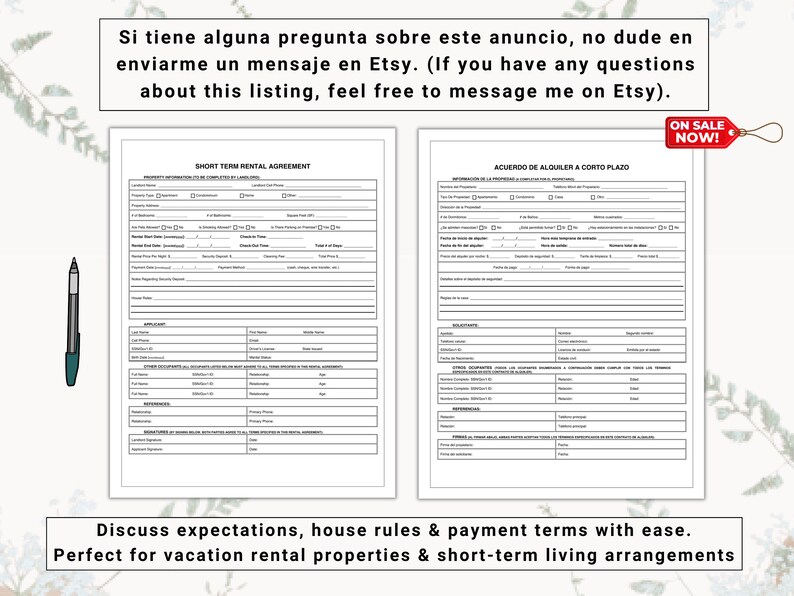 Short Term Rental / Lease Agreement Set in English & Spanish Etsy