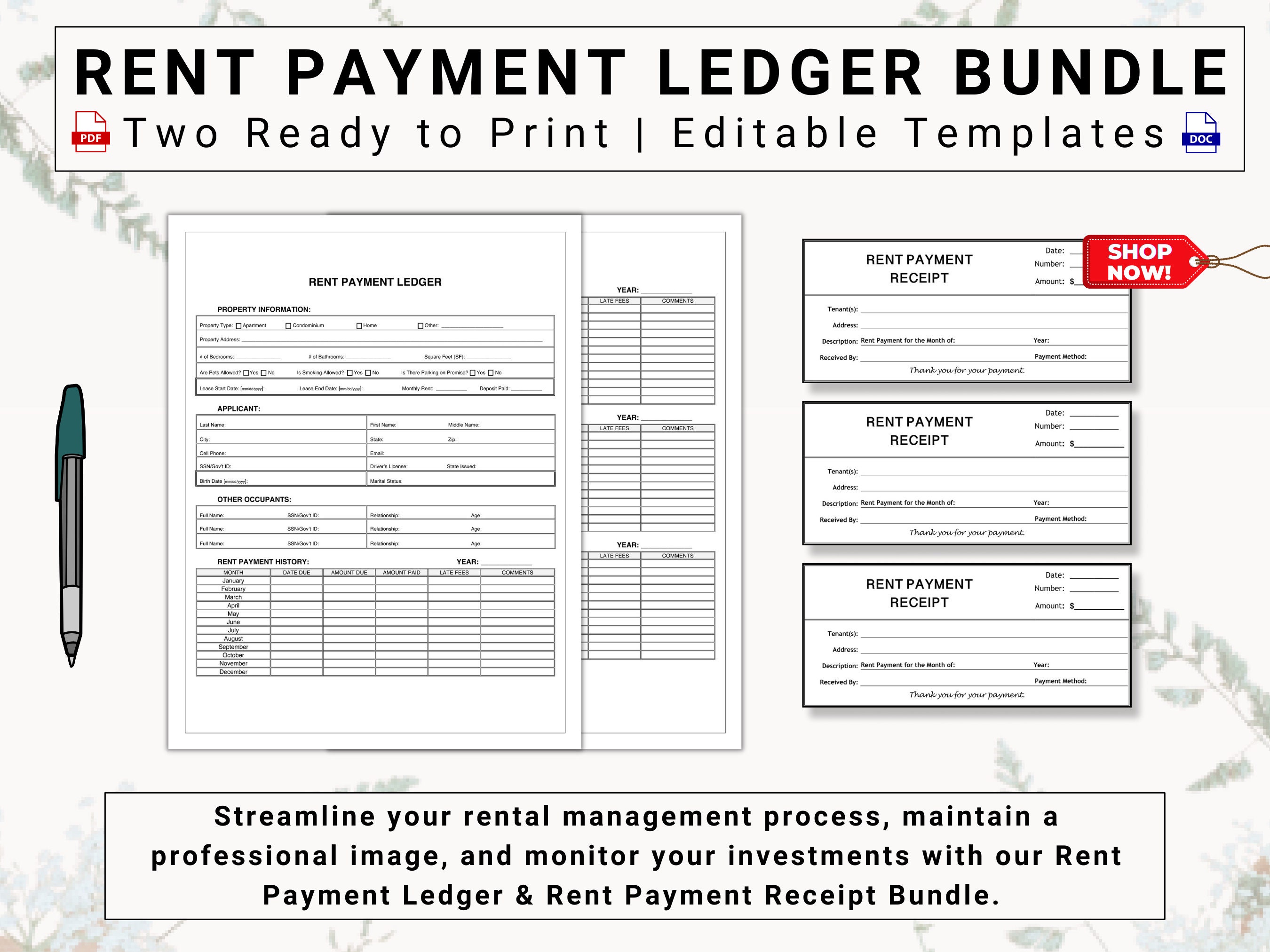 Rent Payment Ledger & Rent Payment Receipt Set Track Monthly Etsy