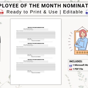 Può includere: Un modulo di nomina per l'impiegato del mese stampabile con un'illustrazione di cartone animato di una donna con le braccia incrociate. Il modulo include spazio per il nome del candidato, il titolo del lavoro e il motivo della nomina. Il testo "INCLUDES: 1 Microsoft Word File 1 PDF File" è anche incluso.
