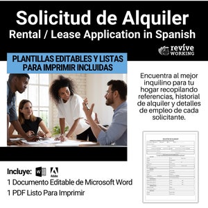 Könnte beinhalten: Ein spanischsprachiges Mietantragsformular mit einer Gruppe von Personen, die ein Dokument besprechen. Das Formular trägt den Titel "Solicitud de Alquiler" und enthält den Text "Rental / Lease Application in Spanish". Das Formular ist in den Formaten Microsoft Word und PDF verfügbar.