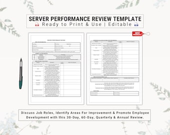 Restaurant Waitress / Server Performance Review & Self Appraisal Template | Discuss Job Roles, Expectations and Promote Personal Development