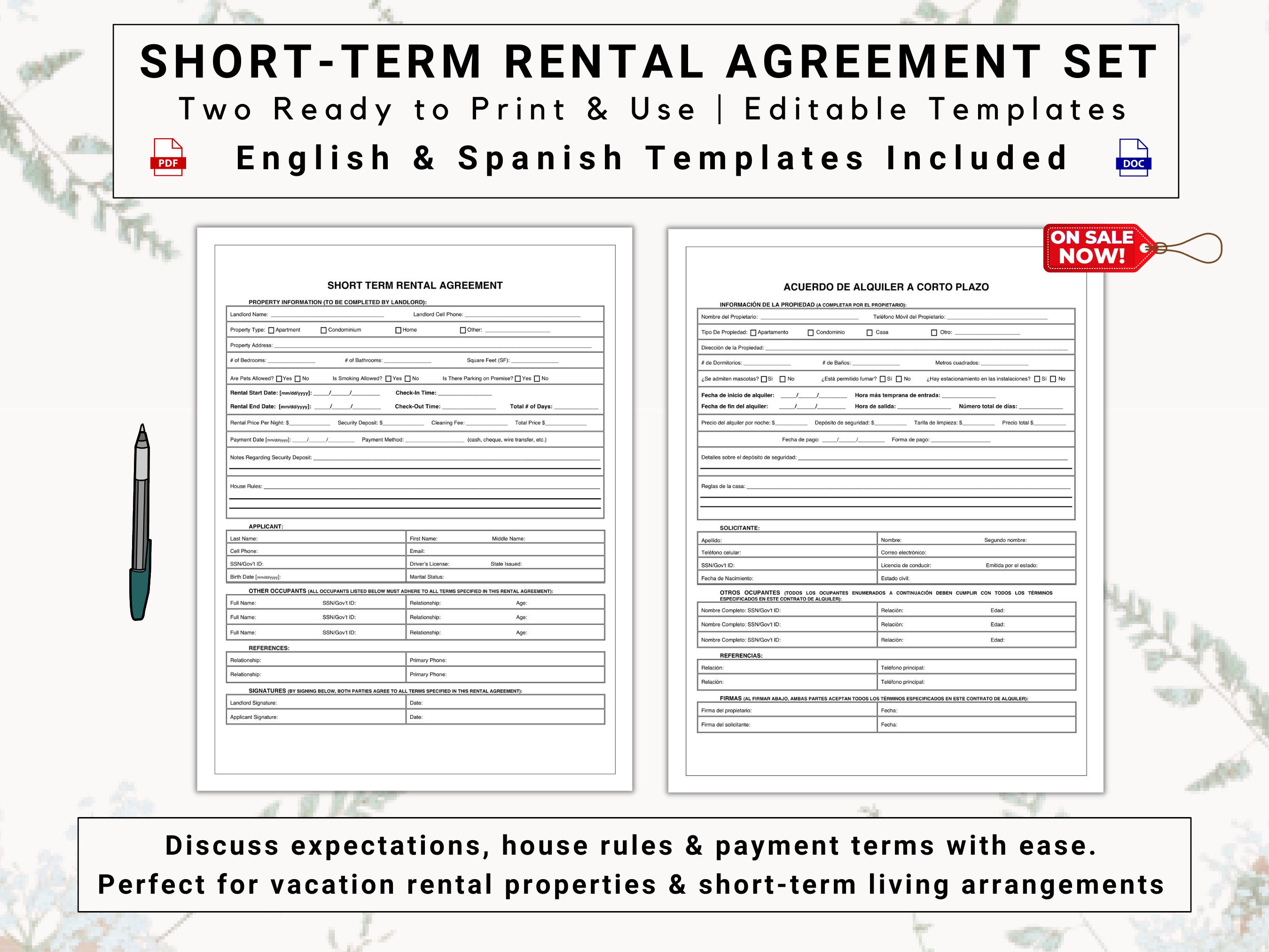 Short Term Rental / Lease Agreement Set in English & Spanish Etsy