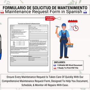 Könnte beinhalten: Ein spanischsprachiges Wartungsanforderungsformular mit einer Cartoon-Illustration eines Handwerkers, der einen Hammer und eine Werkzeugkiste hält. Das Formular enthält Abschnitte für Details zur Wartungsanforderung, einschließlich Datum, Ort, Beschreibung des Problems und der gewünschten Aktion. Das Formular enthält auch einen Abschnitt für den Wartungstechniker, um einen Kostenvoranschlag zu erstellen und die Reparatur zu planen. Der Text "A LA VENTA AHORA!" ist in der oberen rechten Ecke des Formulars sichtbar.