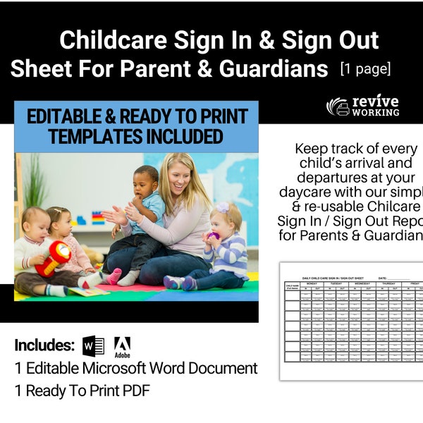 Childcare Sign In / Sign Out Form | Comes in Monday to Friday Schedule | Parent / Guardian Signature is Required for Each Pickup & Drop Off