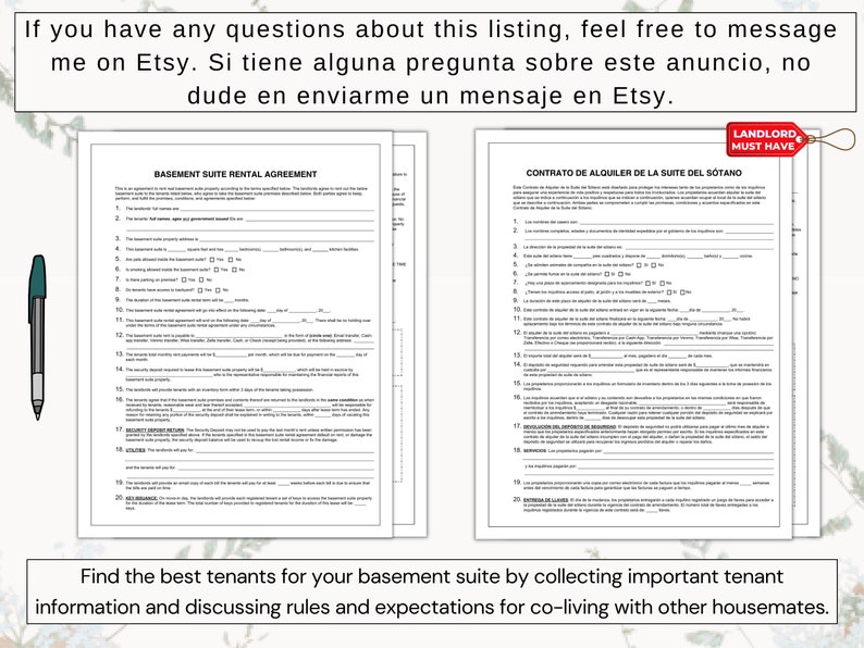 Basement Suite Rental Agreement in English & Spanish | Discuss Payment ...