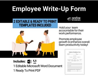 Może przedstawiać: Cyfrowa ilustracja dwóch osób siedzących na krzesłach, jedna trzymając teczkę. Tekst "Employee Write-Up Form" znajduje się w górnej części obrazu. Tekst "2 Editable & Ready to Print Templates Included" znajduje się pod ilustracją. Tekst "Includes: 1 Editable Microsoft Word Document 1 Ready To Print PDF" znajduje się w dolnej części obrazu.
