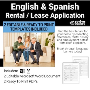 Könnte beinhalten: Zwei bearbeitbare und druckbare Vorlagen für einen Miet- oder Leasingantrag in Englisch und Spanisch. Die Vorlagen beinhalten Abschnitte zur Erfassung von Referenzen, Mietgeschichte und Beschäftigungsdetails. Das Bild zeigt einen Vermieter und zwei Mieter, die ein Dokument überprüfen. Der Text "revive working" befindet sich in der oberen rechten Ecke.