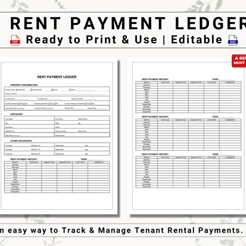 Rent Payment Ledger Bundle Track Monthly Rental / Lease / Etsy