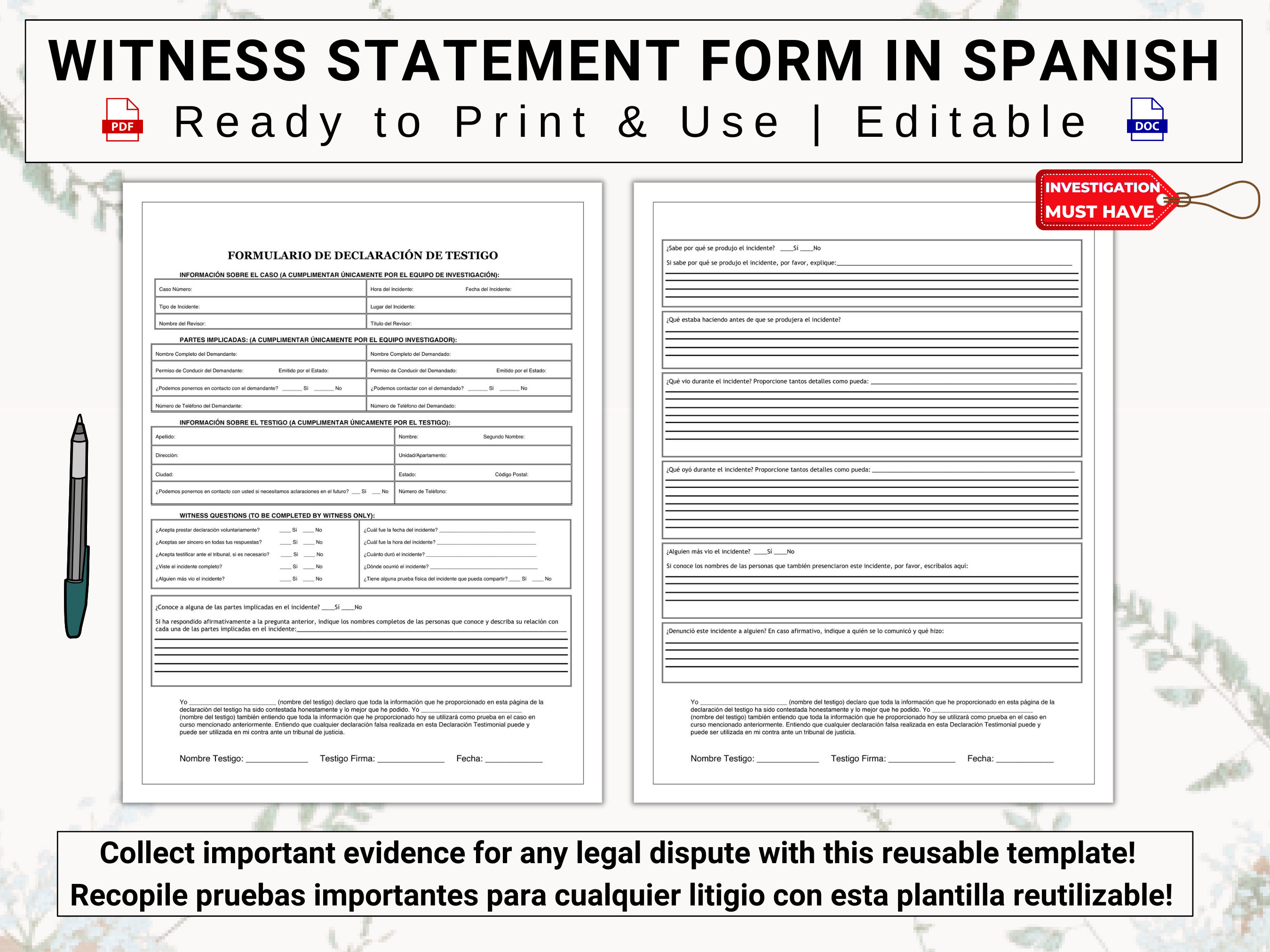 Witness Statement in Spanish Declaración De Testigos En Español Collect