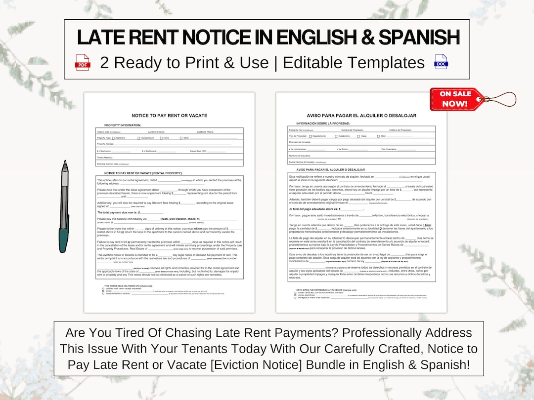 Late Rent Notice [pay or Quit] in English & Spanish | Give Tenants ...