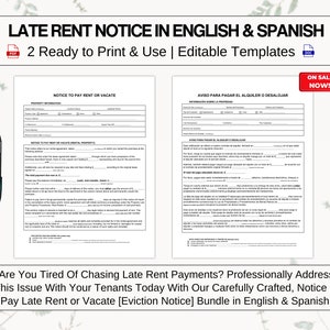May include: A digital download of two printable late rent notice templates in English and Spanish. The templates are ready to print and use and are editable. The text on the image reads "Late Rent Notice in English & Spanish. 2 Ready to Print & Use | Editable Templates. Notice to Pay Rent or Vacate [Eviction Notice] Bundle in English & Spanish!"