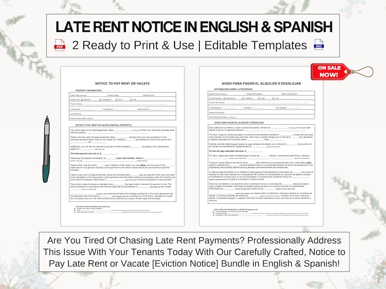 Late Rent Notice pay or Quit in English & Spanish Give Tenants Written