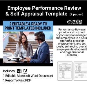 Può includere: Due persone sono sedute a un tavolo e discutono un documento. Il documento è intitolato "Employee Performance Review & Self Appraisal Template [2 pages]" e include due modelli modificabili e pronti per la stampa. L'immagine include anche il testo "Includes: 1 Editable Microsoft Word Document 1 Ready To Print PDF".
