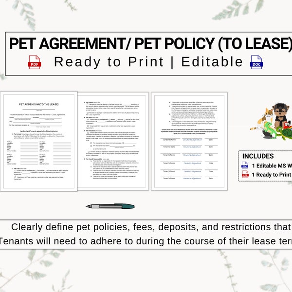 Pet Policy / Pet Agreement For Residential Lease Agreements | Protect Your Rental Property by Addressing Expectations for Tenants with Pets