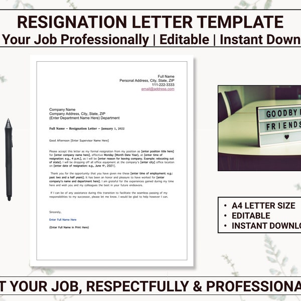 Employee Resignation Letter | Quit Your Job Professionally & Respectfully | Simply Replace All Bolded Text With Your Info | Two Week Notice