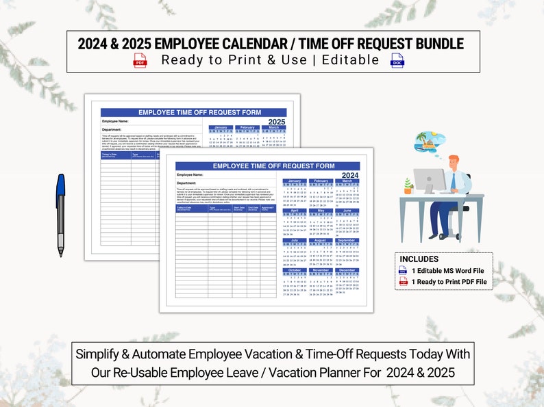 2025 & 2025 Calendar Year Employee Time off Calendar Stay Organized Efficient All Year Round