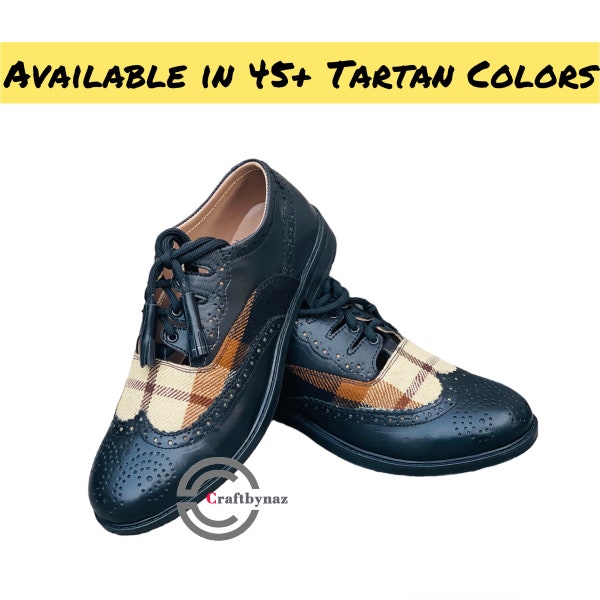 Men's Black Scottish Tartan Kilt Shoes Real Leather With Custom Kilts Tartan Shoes In 50+ Tartan Plaid
