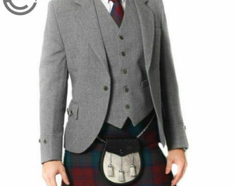 Men's Scottish Light Grey Argyle Kilt Jacket And Vest Wool Kilt Wedding Jacket | Chest Size 34" to 54" Inch