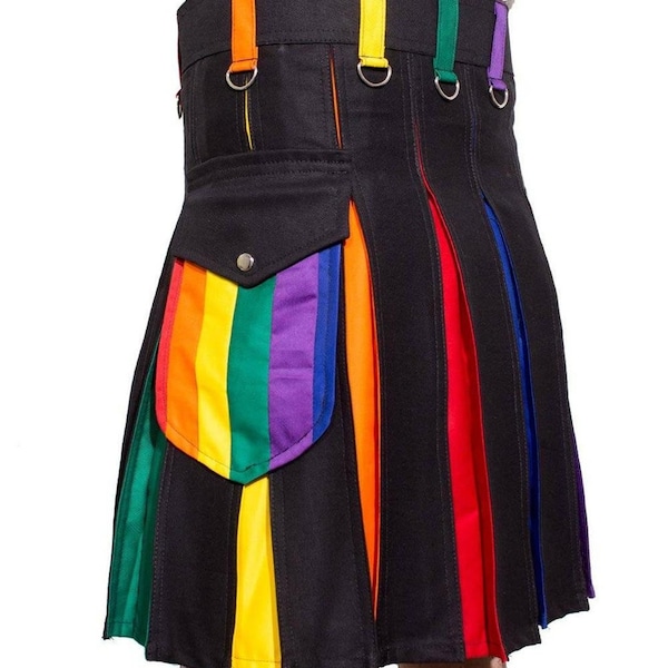 Scottish Rainbow Utility Hybrid Kilt Pride Kilt - LGBT Gay Kilt Tamaños de 28" - 62"