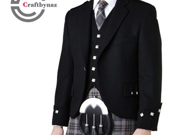 Men’s Scottish Black Argyle kilt jacket with vest Wedding Jacket Size 34” to 54” inch