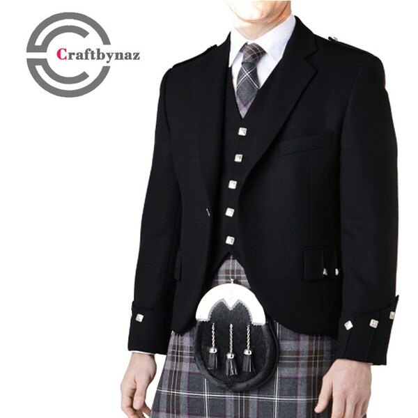 Schottische schwarze Argyle-Kiltjacke für Herren mit Weste, Hochzeitsjacke, Größe 86,4–137,2 cm