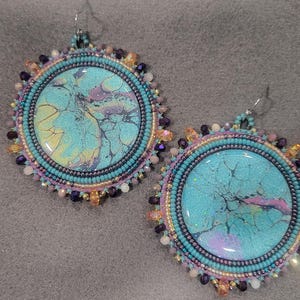 Large blue and purple hanging Native beaded earrings