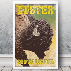 Custer, South Dakota - Vintage Reiseposter / State Parks / Camping / Wall Art / Bison / Geschichte / Illustration