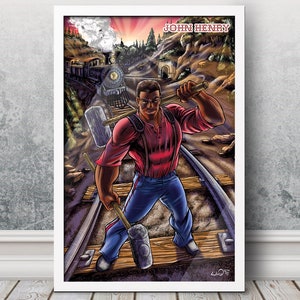 John Henry - Comic Art Poster // Digital Colors // Traditional Inks // American Legend // Tall Tale // Folk Hero // Trains // Railroad / Art