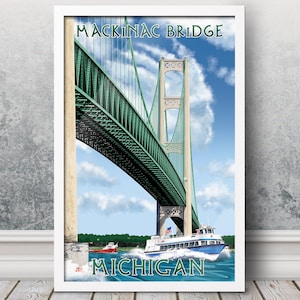 Mackinac Bridge, Michigan - Vintage Travel Poster