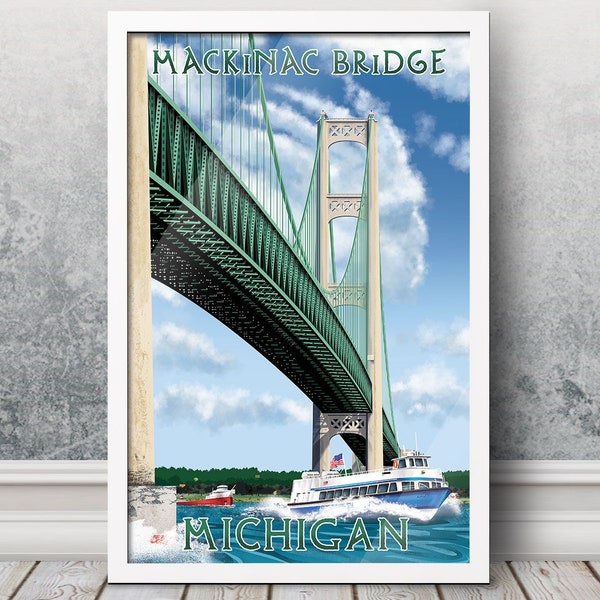 Mackinac Bridge, Michigan - Vintage Travel Poster