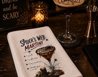 Spider's Web Martini Recipe Kitchen Towel | Halloween Bar Decor, Waffle Weave Microfiber
