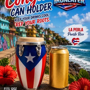 Conga Puerto Rico, Venezuela, Colombia, Mexico, Cuba, DR 3D can cooler vaso.  Regalos.