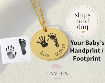 Actual Baby Footprint & Handprint Necklace with Your Handwriting - Newborn Memorial Keepsake Jewelry, Valentine's Day Gift for New Mom