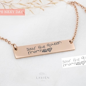 Actual Handwriting Bar Necklace Custom Kids Handwriting Drawing Jewelry Memorial Keepsake Necklace Personalized Christmas Gift For Wife Her