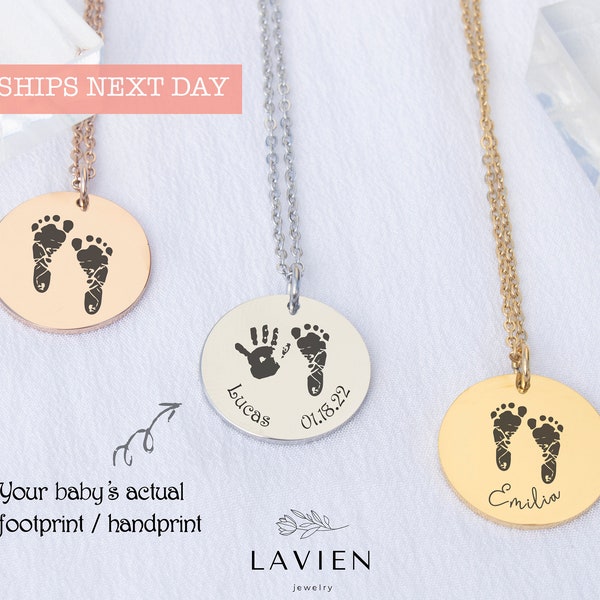 Actual Baby Footprint Necklace Custom Baby Handprint Jewelry Personalized Newborn Baby Feet Necklace with Name First New Mom Christmas Gift