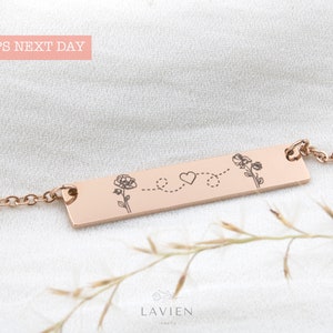 Personalized Combined Birth Month Flower Family Bar Necklace Custom Engraved Birth Month Pressed Flower Necklace CHRISTMAS GIFT for Mom Her