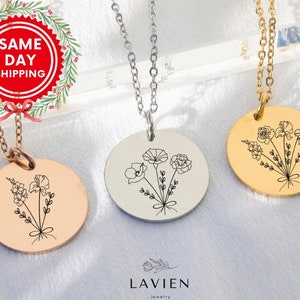 Engraved Birth Month Flower Necklace: Personalized Family Necklace - Christmas Gifts for Mom / Grandma