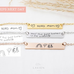 Actual Handwriting Bar Necklace Custom Kids Handwriting Jewelry Memorial Keepsake Necklace Engraved Christmas Necklace for Her Mom Grandma