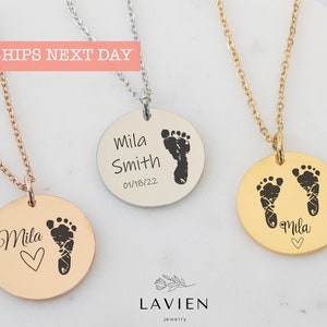 Actual Baby Footprint Necklace - CHRISTMAS New Mom Gift for Her- Personalized Baby Jewelry - Minimalist Newborn Baby Feet Necklace with Name